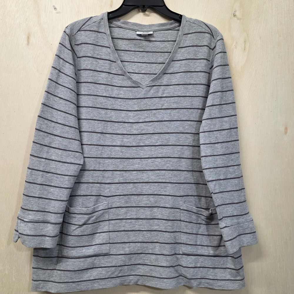 J. Jill Womens XL Grey Striped V-Neck Tunic Top 3/4 Button Tab Sleeve Pockets